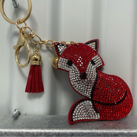 Set of 2 Fox Crystal Bling Key Chain Keyring with Tassel Car Purse Handbag Charm - Picture 3 of 9